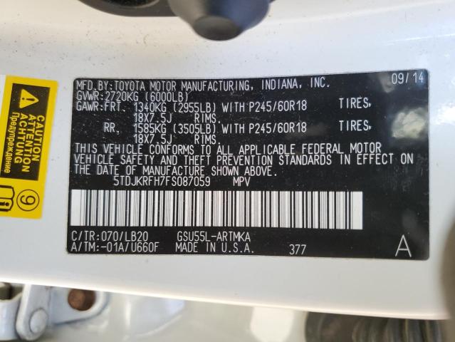 5TDJKRFH7FS087059 - 2015 TOYOTA HIGHLANDER XLE WHITE photo 10