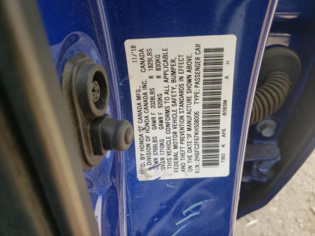 2HGFC2F67KH508006 - 2019 HONDA CIVIC LX BLUE photo 12