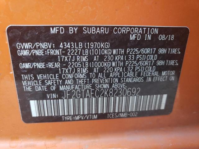 JF2GTAEC2K8230692 - 2019 SUBARU CROSSTREK PREMIUM ORANGE photo 13