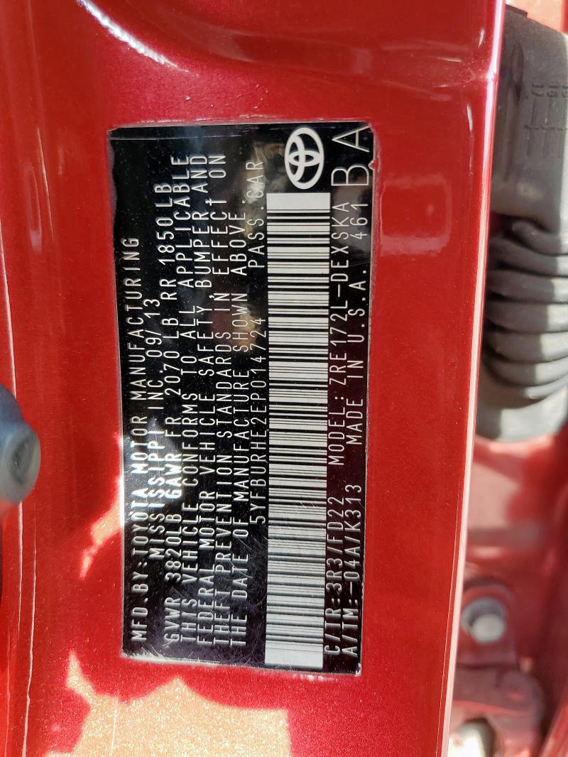 5YFBURHE2EP014724 - 2014 TOYOTA COROLLA L RED photo 12