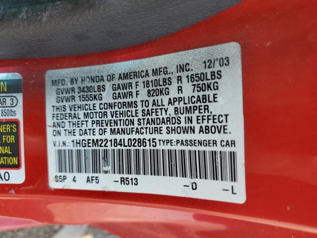 1HGEM22184L028615 - 2004 HONDA CIVIC DX VP Qırmızı foto 12