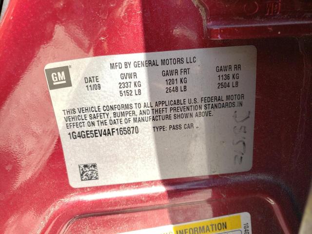 1G4GE5EV4AF165870 - 2010 BUICK LACROSSE CXS RED photo 10