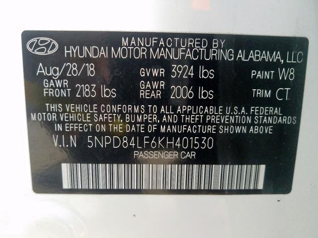 5NPD84LF6KH401530 - 2019 HYUNDAI ELANTRA SEL  photo 10