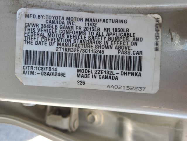 2T1KR32E73C115245 - 2003 TOYOTA COROLLA MA XR SILVER photo 12
