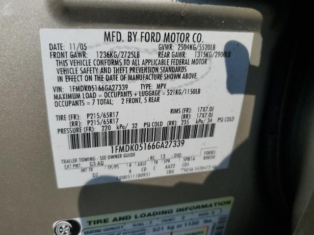 1FMDK05166GA27339 - 2006 FORD FREESTYLE SEL GOLD photo 12