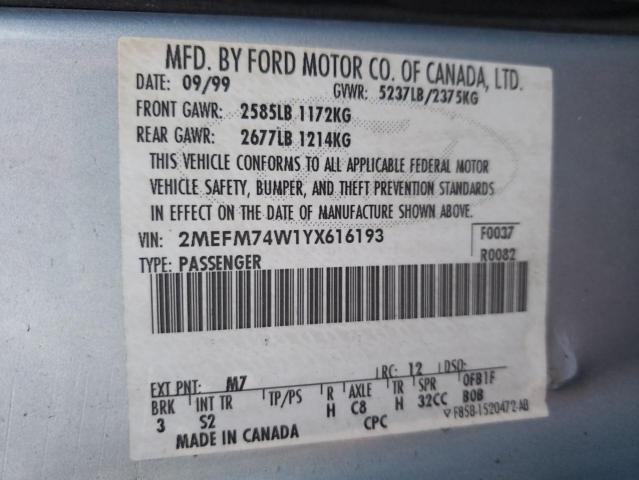 2MEFM74W1YX616193 - 2000 MERCURY GRAND MARQ GS BLUE photo 10