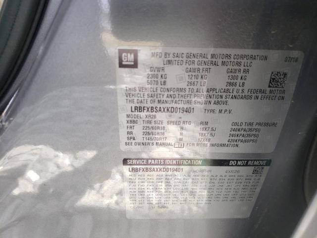 LRBFXBSAXKD019401 - 2019 BUICK ENVISION PREFERRED GRAY photo 10