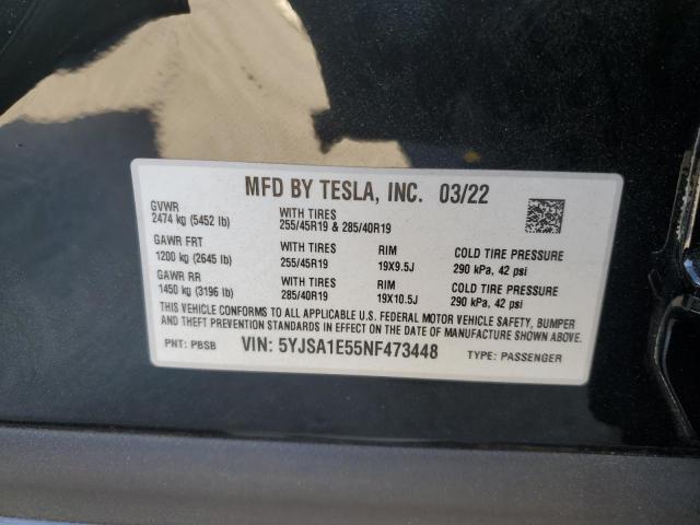 5YJSA1E55NF473448 - 2022 TESLA MODEL S შავი ფოტო 12