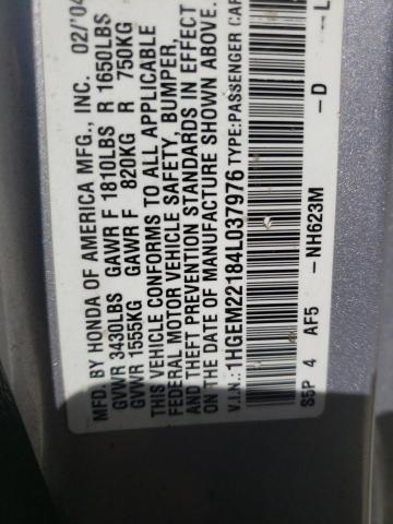 1HGEM22184L037976 - 2004 HONDA CIVIC DX VP SILVER photo 10