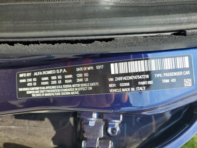 ZARFAEDN7H7547219 - 2017 ALFA ROMEO GIULIA Q4 蓝色 照片 12