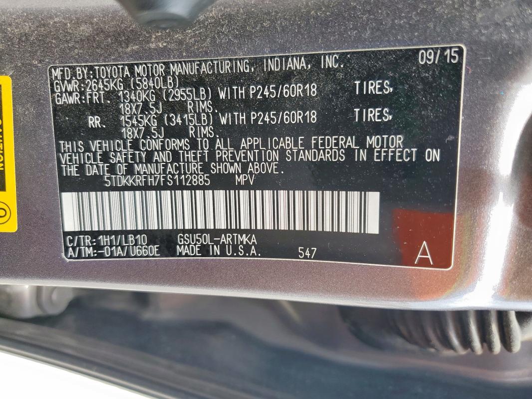 5TDKKRFH7FS112885 - 2015 TOYOTA HIGHLANDER XLE GRAY photo 13