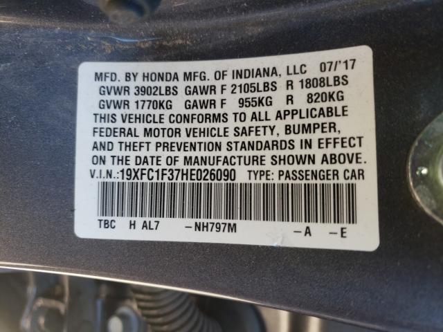 19XFC1F37HE026090 - 2017 HONDA CIVIC EX SILVER photo 10