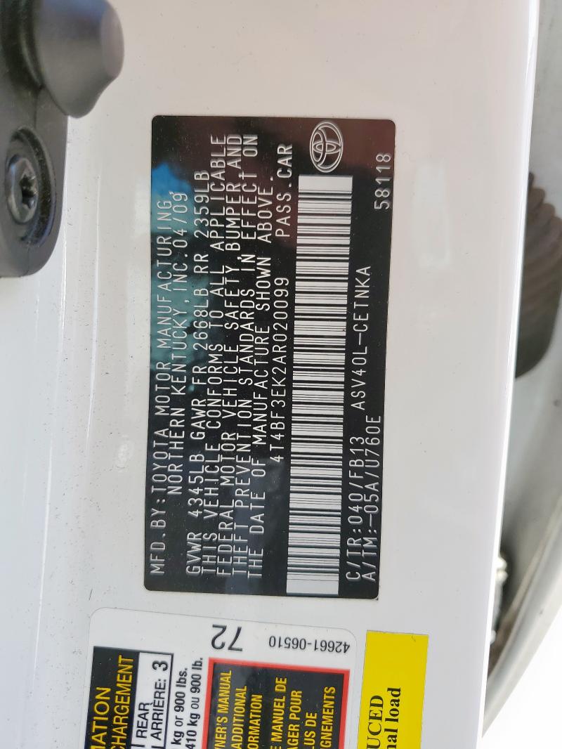 4T4BF3EK2AR020099 - 2010 TOYOTA CAMRY BASE Ağ foto 12