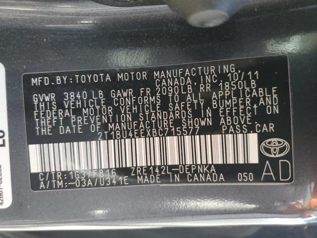 2T1BU4EEXBC715577 - 2011 TOYOTA COROLLA BASE Сұр фото 12