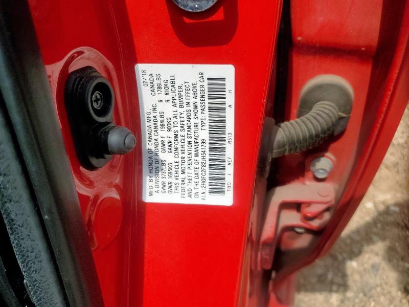 2HGFC2F82JH541799 - 2018 HONDA CIVIC EX RED photo 13