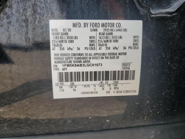 1FM5K8AB3LGC01073 - 2020 FORD EXPLORER POLICE INTERCEPTOR შავი ფოტო 14