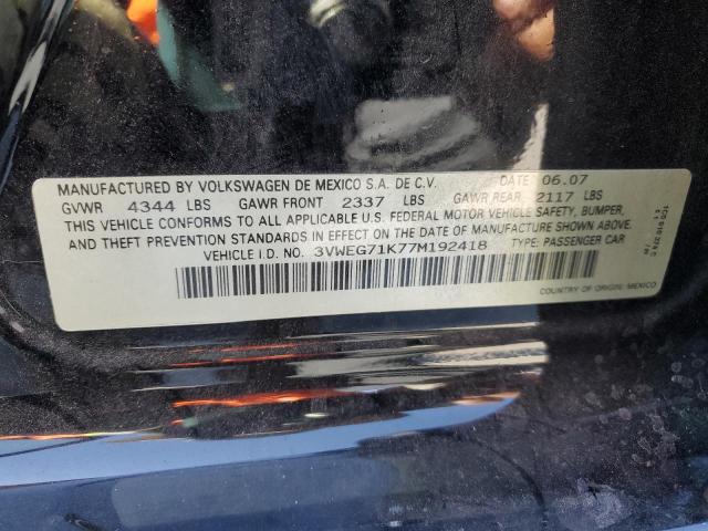 3VWEG71K77M192418 - 2007 VOLKSWAGEN JETTA WOLFSBURG 黑色 照片 12