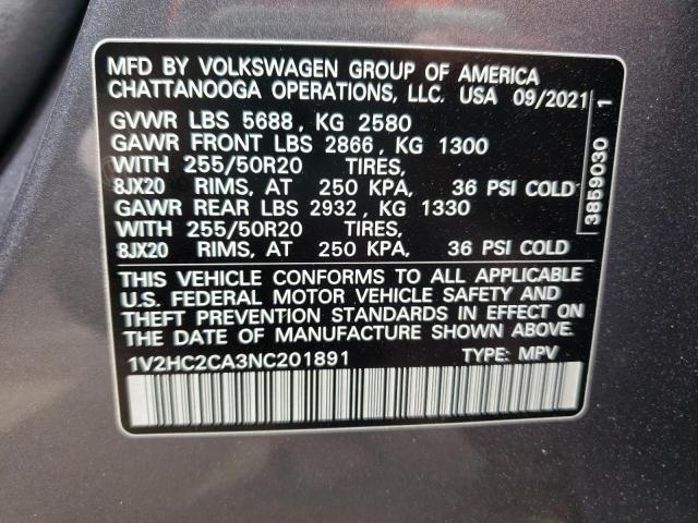 1V2HC2CA3NC201891 - 2022 VOLKSWAGEN ATLAS CROS SE فضي صورة 13
