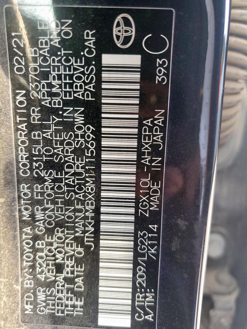 JTNKHMBX8M1115699 - 2021 TOYOTA C-HR XLE შავი ფოტო 12