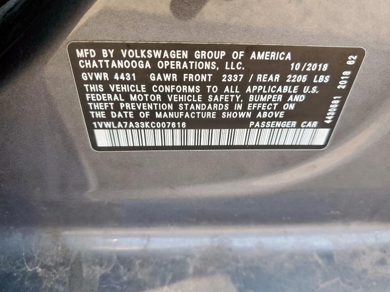 1VWLA7A33KC007616 - 2019 VOLKSWAGEN PASSAT WOLFSBURG 灰色 照片 13