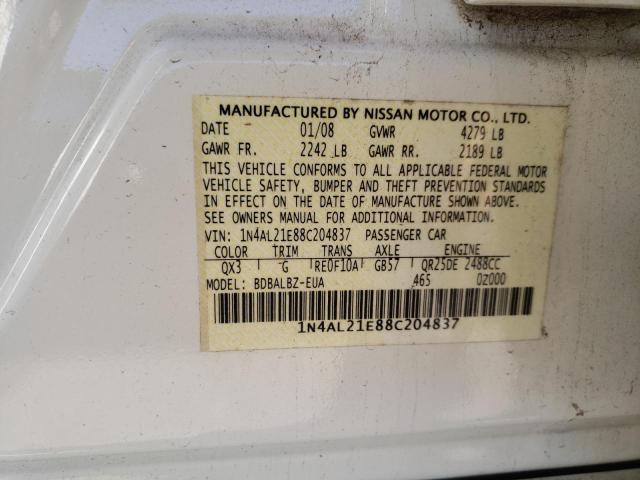 1N4AL21E88C204837 - 2008 NISSAN ALTIMA 2.5 WHITE photo 10