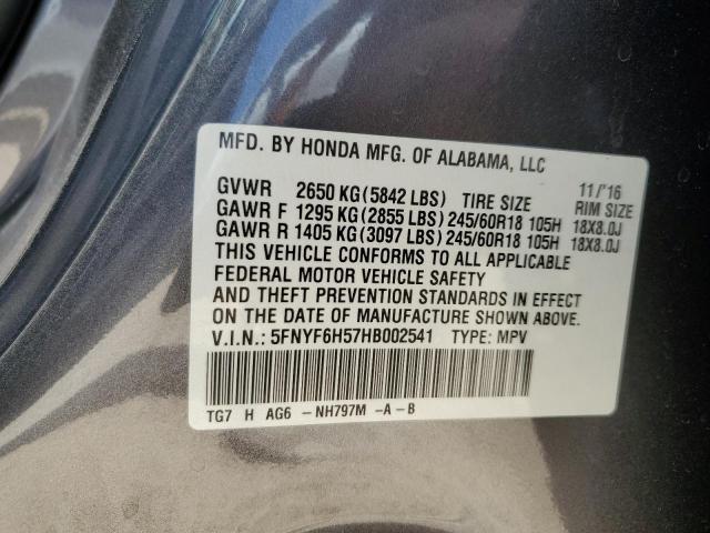 5FNYF6H57HB002541 - 2017 HONDA PILOT EXL CHARCOAL photo 13