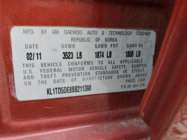 KL1TD5DE8BB211398 - 2011 CHEVROLET AVEO LS 勃艮第红 照片 12