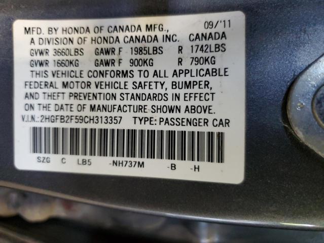 2HGFB2F59CH313357 - 2012 HONDA CIVIC LX GRAY photo 12