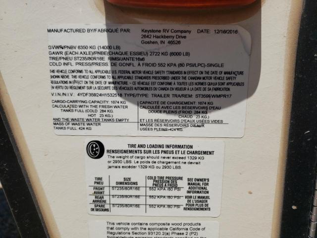 4YDF35924H1532518 - 2017 KEYSTONE SPRINTER BEIGE photo 10