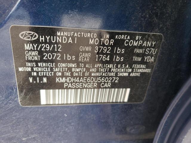 KMHDH4AE6DU560272 - 2013 HYUNDAI ELANTRA GLS BLUE photo 10