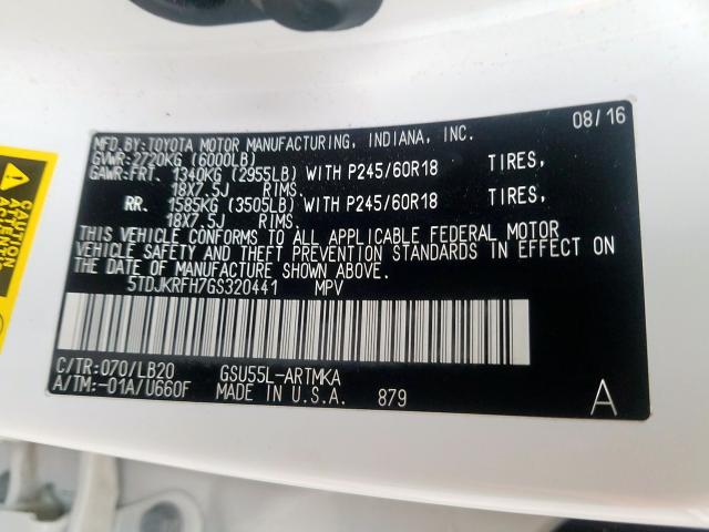 5TDJKRFH7GS320441 - 2016 TOYOTA HIGHLANDER XLE  ფოტო 10