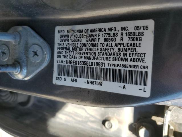 1HGES16355L018931 - 2005 HONDA CIVIC DX VP رمادي صورة 12