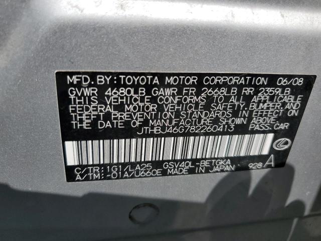 JTHBJ46G782260413 - 2008 LEXUS ES 350 SILVER photo 12