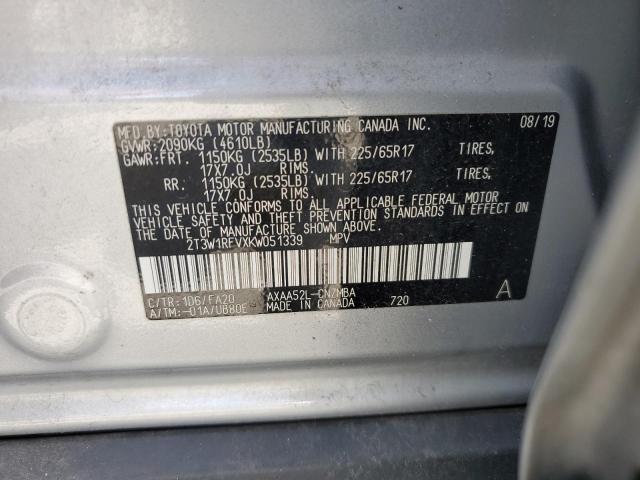 2T3W1RFVXKW051339 - 2019 TOYOTA RAV4 XLE ვერცხლისფერი ფოტო 12