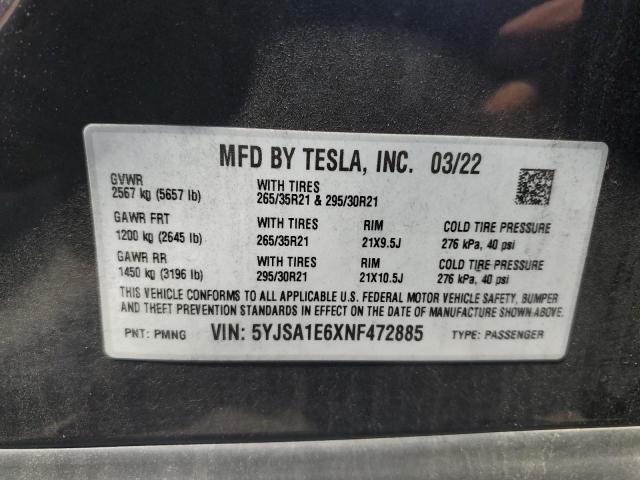 5YJSA1E6XNF472885 - 2022 TESLA MODEL S Մոխրագույն լուսանկար 12