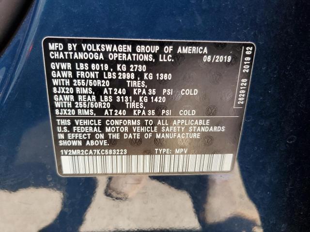 1V2MR2CA7KC583223 - 2019 VOLKSWAGEN ATLAS SEL BLUE photo 13