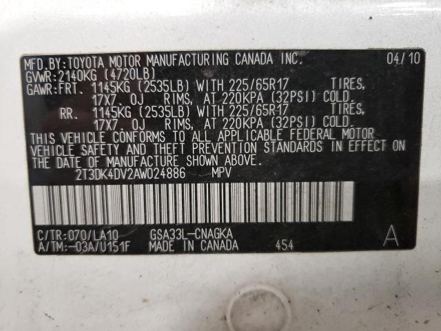 2T3DK4DV2AW024886 - 2010 TOYOTA RAV4 LIMITED WHITE photo 12