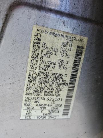5N1AR18U76C625103 - 2006 NISSAN PATHFINDER LE SILVER photo 12