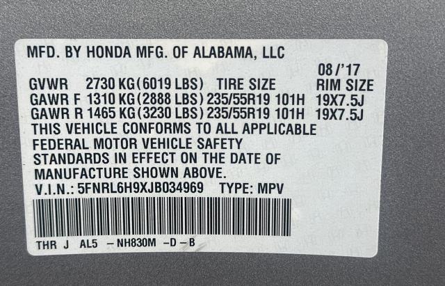 5FNRL6H9XJB034969 - 2018 HONDA ODYSSEY ELITE Plata foto 10