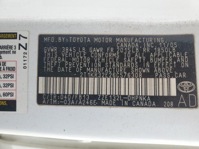 2T1KR32E26C576308 - 2006 TOYOTA COROLLA MA XR WHITE photo 12