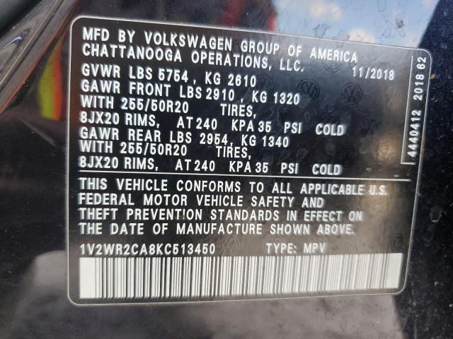 1V2WR2CA8KC513450 - 2019 VOLKSWAGEN ATLAS SE Negro foto 13