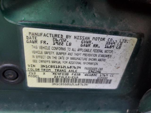 3N1CB51D12L687634 - 2002 NISSAN ALTIMA XE GREEN photo 12