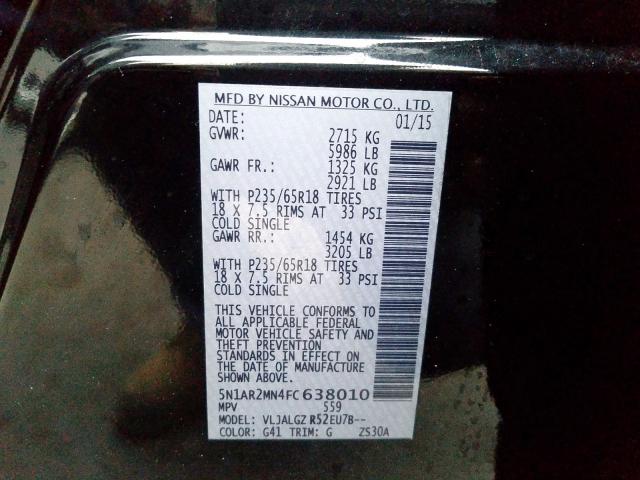 5N1AR2MN4FC638010 - 2015 NISSAN PATHFINDER S  照片 10