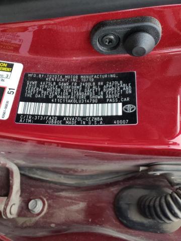 4T1C11AK0LU314790 - 2020 TOYOTA CAMRY SE LE Bordo fotoğraf 10