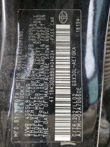 4T1BK3DB9BU404034 - 2011 TOYOTA AVALON BASE BLACK photo 12