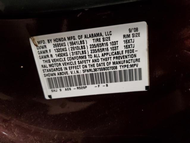 5FNRL38759B007008 - 2009 HONDA ODYSSEY EXL MAROON photo 14