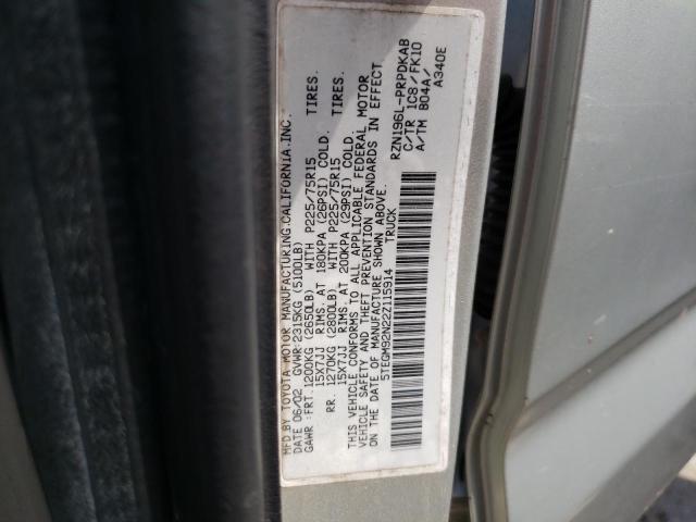 5TEGM92N22Z115914 - 2002 TOYOTA TACOMA DOUBLE CAB PRERUNNER SILVER photo 12