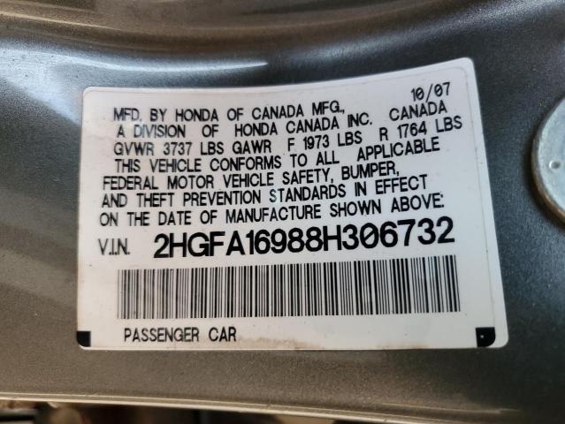 2HGFA16988H306732 - 2008 HONDA CIVIC EXL GRAY photo 12