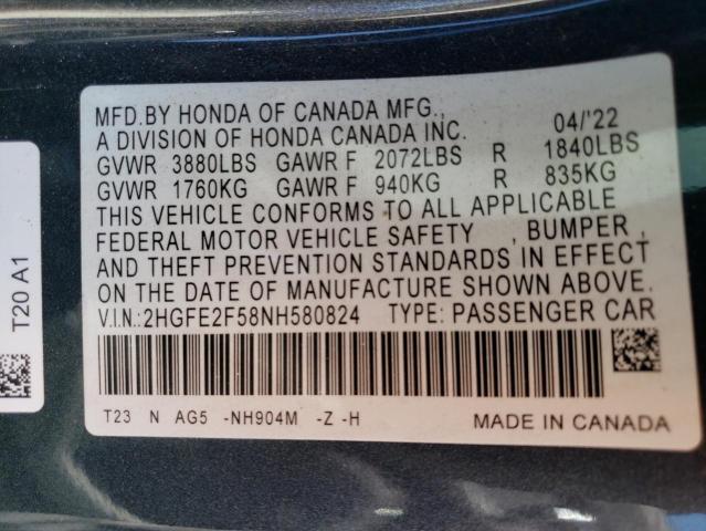 2HGFE2F58NH580824 - 2022 HONDA CIVIC SPORT 灰色 照片 13