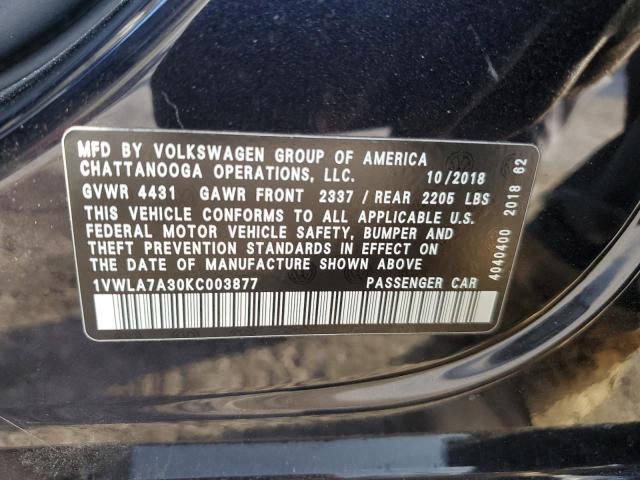 1VWLA7A30KC003877 - 2019 VOLKSWAGEN PASSAT WOLFSBURG BLACK photo 12